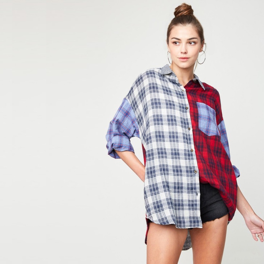 Multi Color Plaid Button Up Top