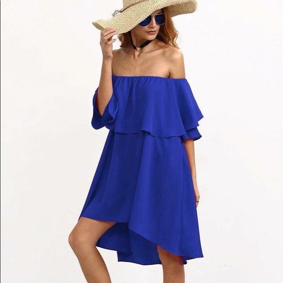Royal Blue Off the Shoulder Dress - Picture 1 of 5