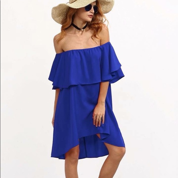 Royal Blue Off the Shoulder Dress - Picture 2 of 5