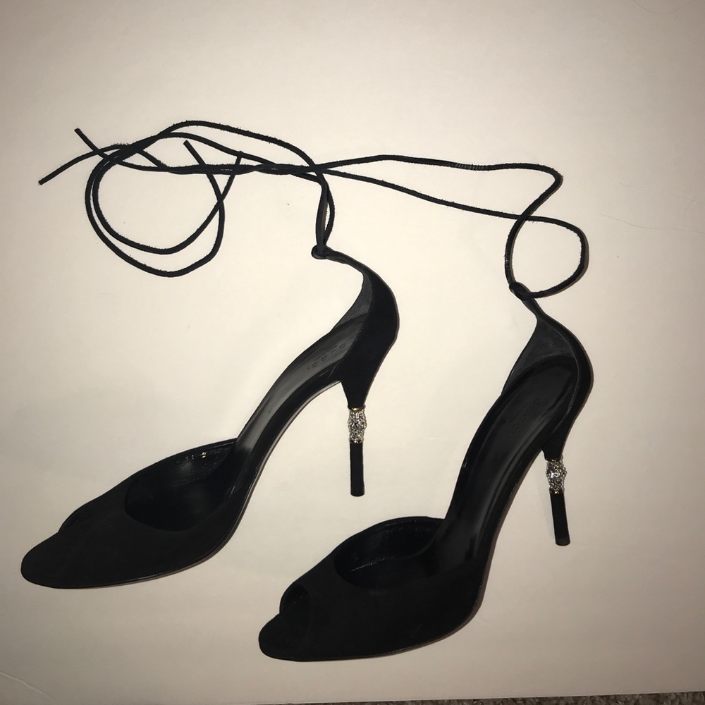 Authentic Gucci Blk lace up suede crystal heels - Picture 1 of 7
