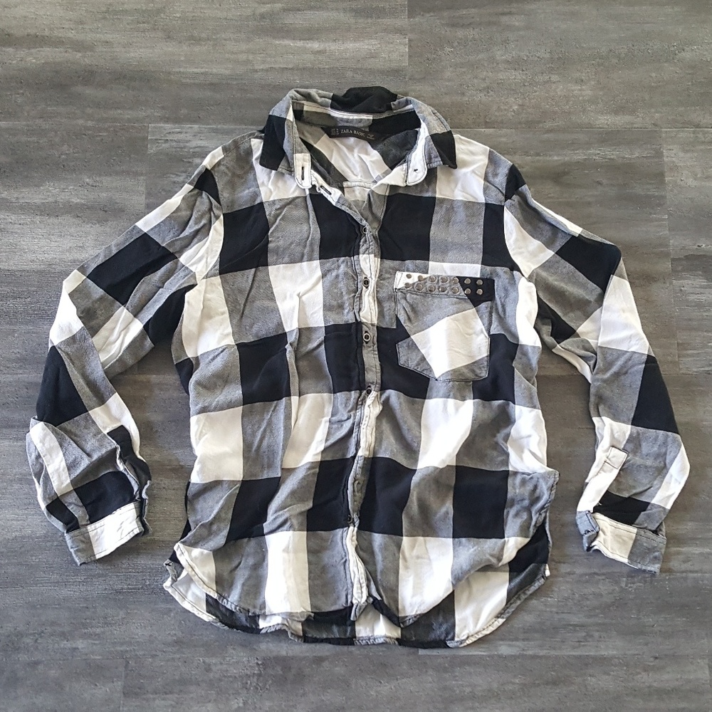 White Black Checkerboard Zara Button Down - Picture 1 of 3