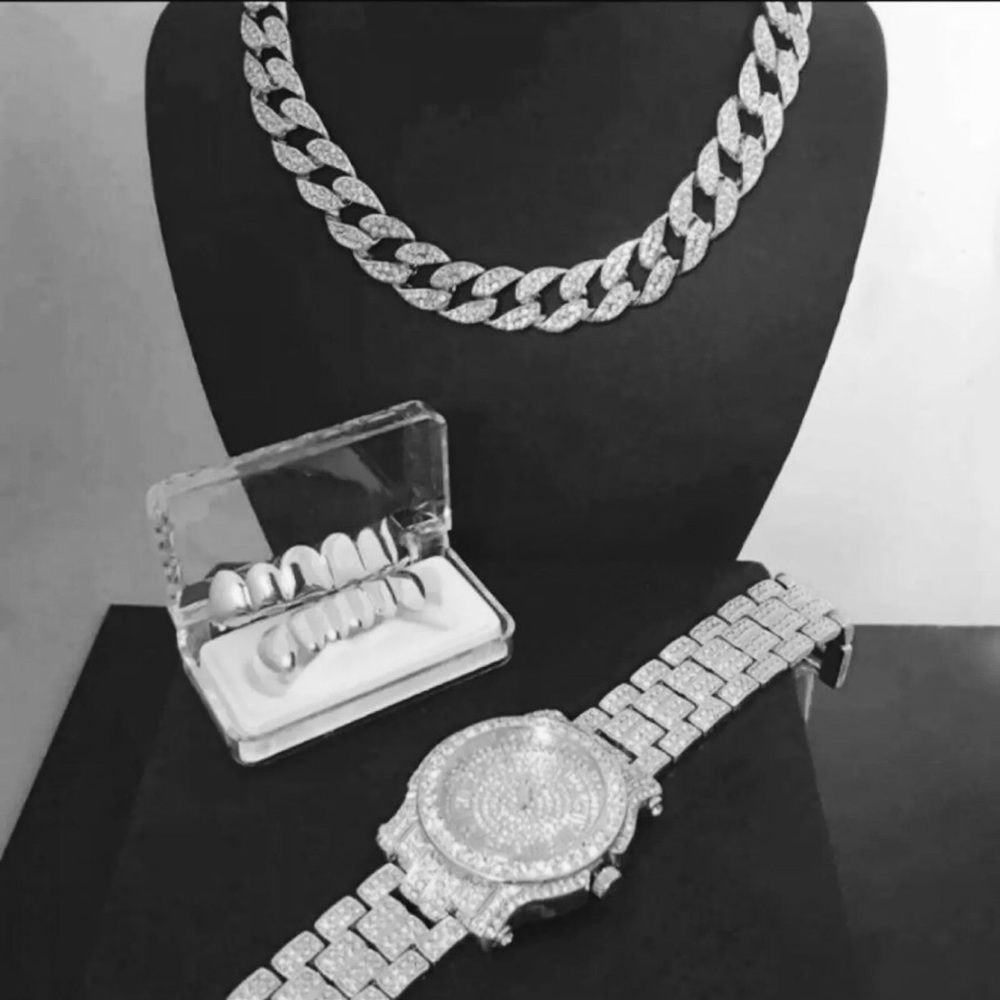 Men’s Silver Finished Watch&Cuban Chain&Grillz