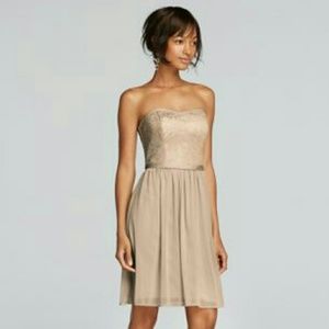 Short Strapless Metallic Lace Bridesmaids Dress