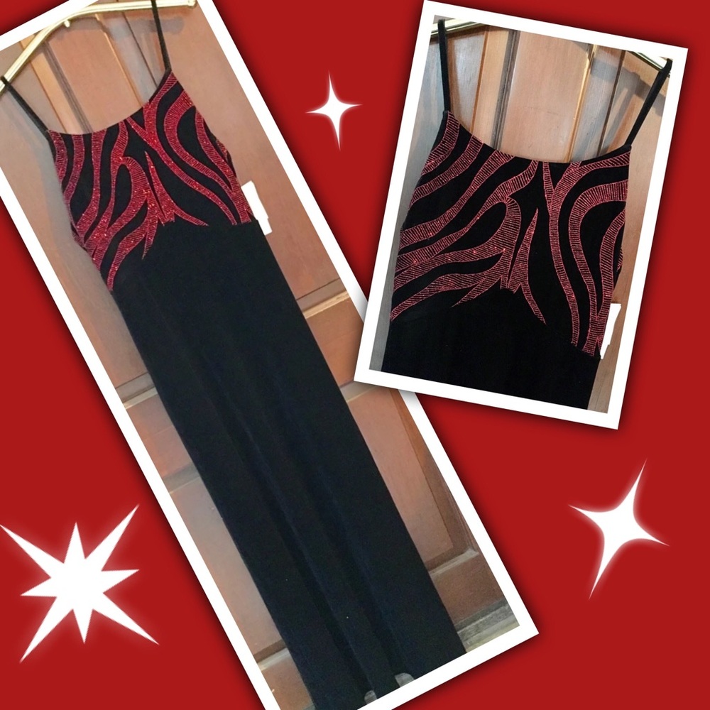 CARABELLA Long Black & Red Empire Waist Dress