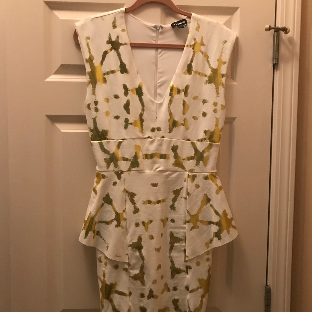 Gorgeous Bebe Peplum Gold and White Dress