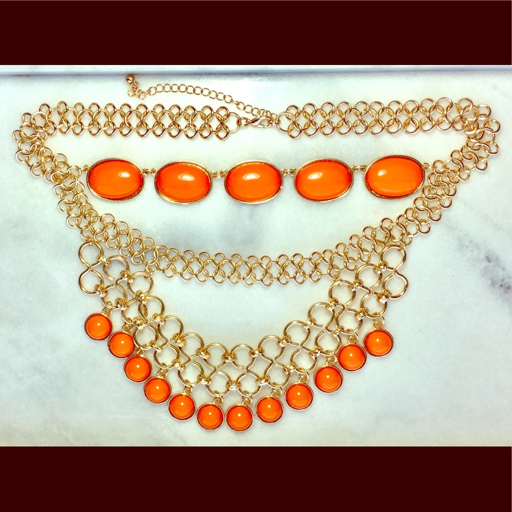 🍊Orange & Gold Multi-Strand Statement Necklace🍊