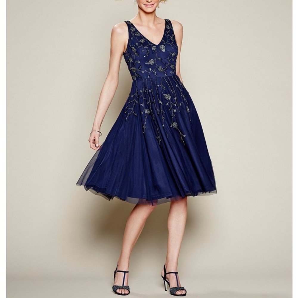 Adrianna Papell navy beaded fit and flare dress