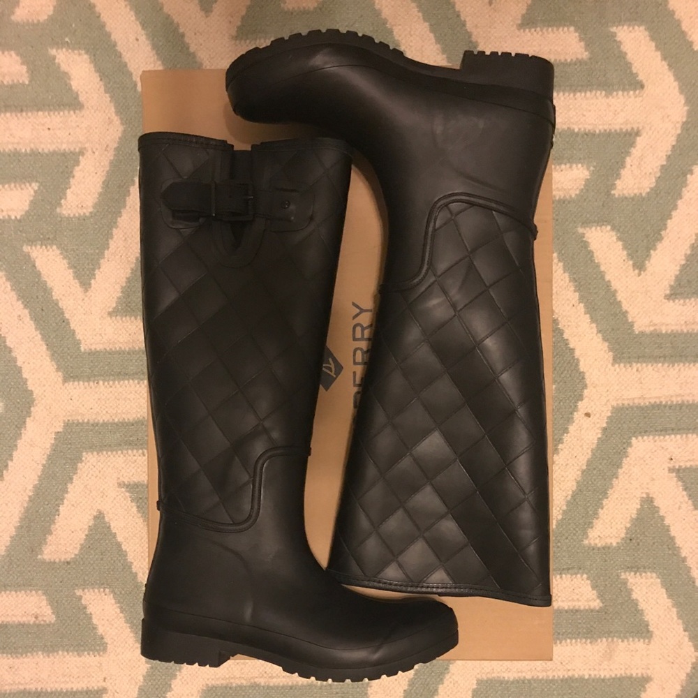 Sperry Brand tall quilted rain boot.