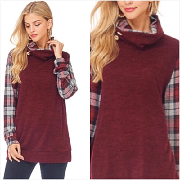 Gorgeous Plaid Sleeve Button Cowl Neck Top sold - Picture 3 of 8