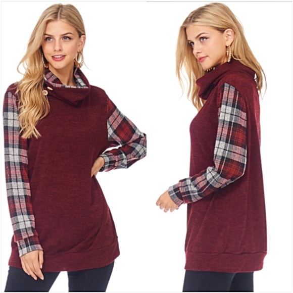 Gorgeous Plaid Sleeve Button Cowl Neck Top sold - Picture 8 of 8