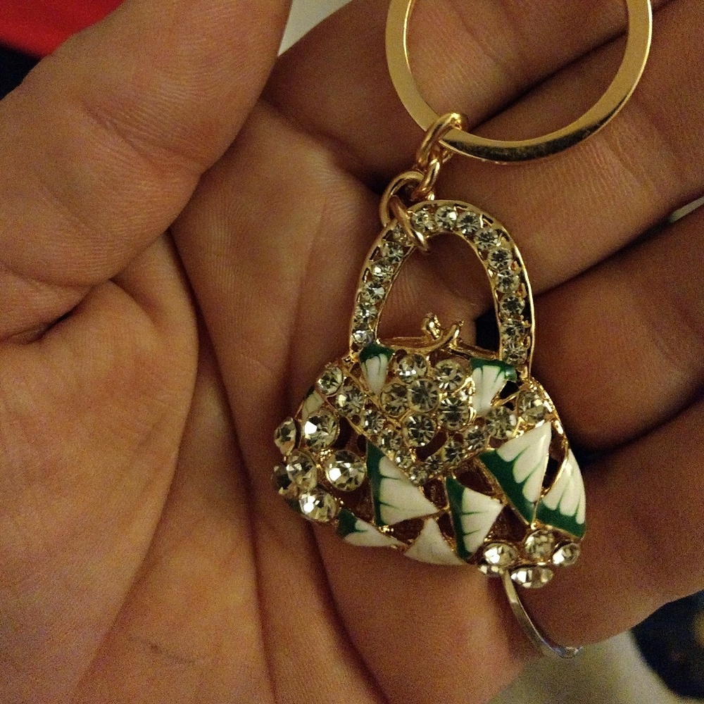 Rhinestone green/white/gold handbag keychain