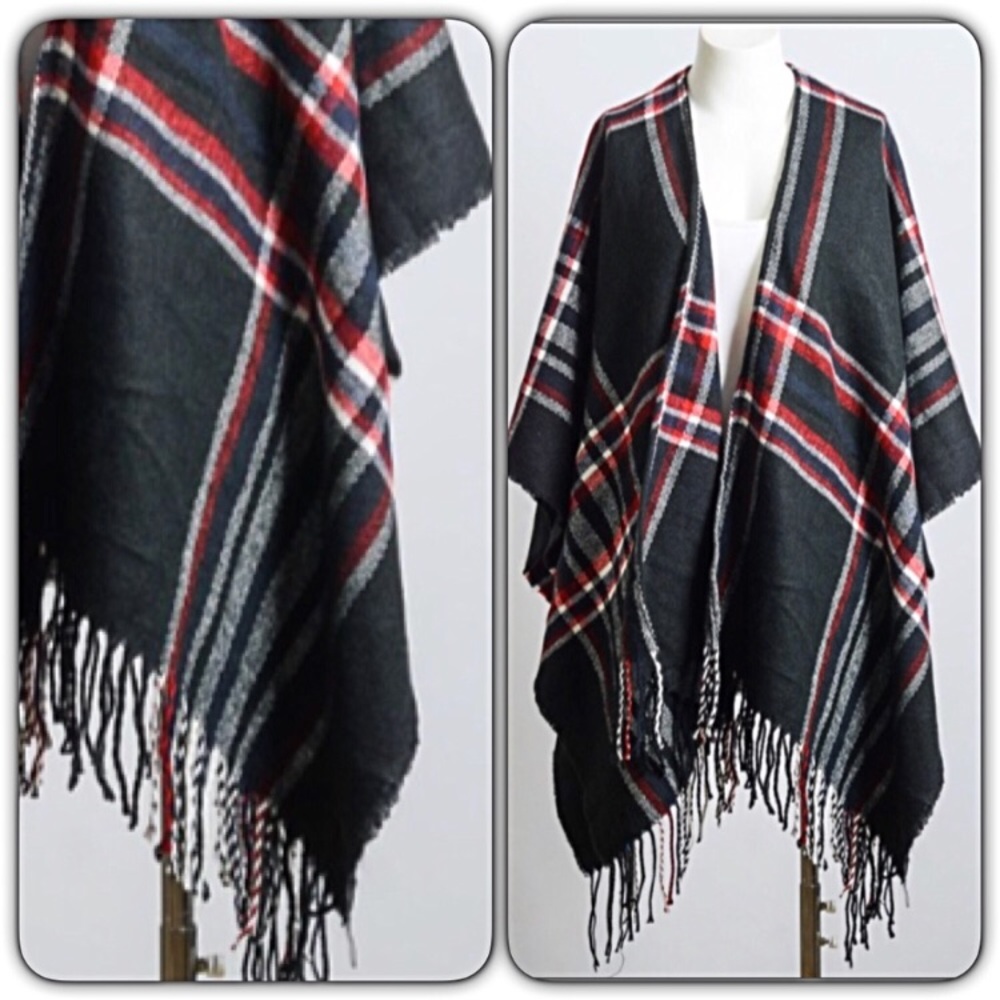 Amazing Plaid Fringe Kimono Poncho Scarf Wrap O/S - Picture 5 of 8