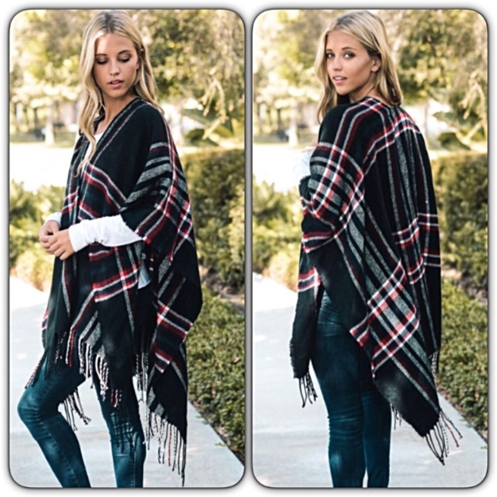 Amazing Plaid Fringe Kimono Poncho Scarf Wrap O/S - Picture 6 of 8