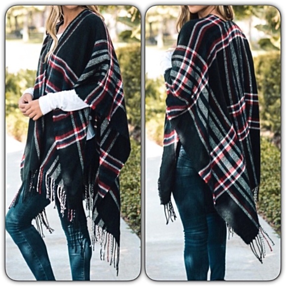 Amazing Plaid Fringe Kimono Poncho Scarf Wrap O/S - Picture 3 of 8