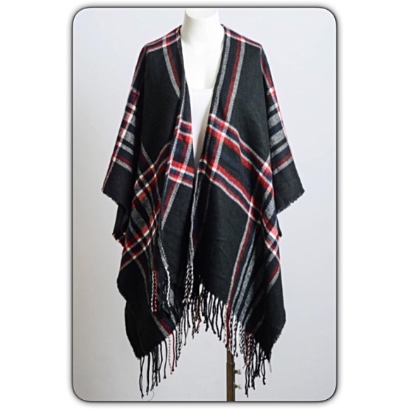 Amazing Plaid Fringe Kimono Poncho Scarf Wrap O/S - Picture 7 of 8