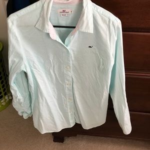 White and light blue button up long sleeve shirt