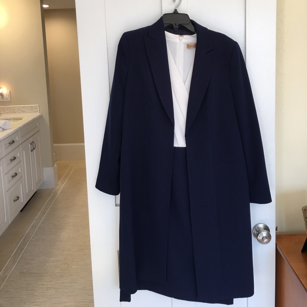Business suit sheath dress and long jacket.