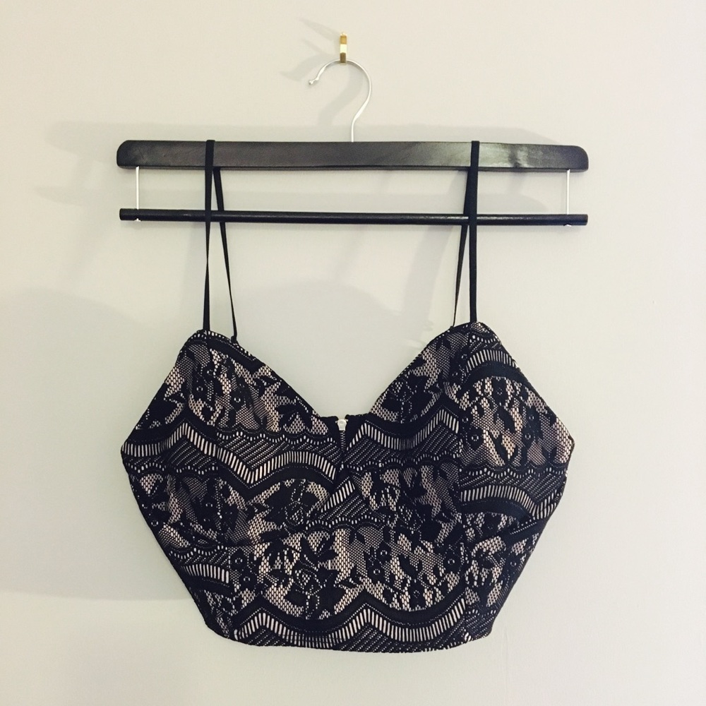Sexy Black and Cream Laced Very Cropped Top