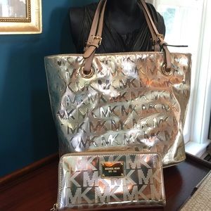 Michael Kors Mirror Gold Signature Tote and Wallet
