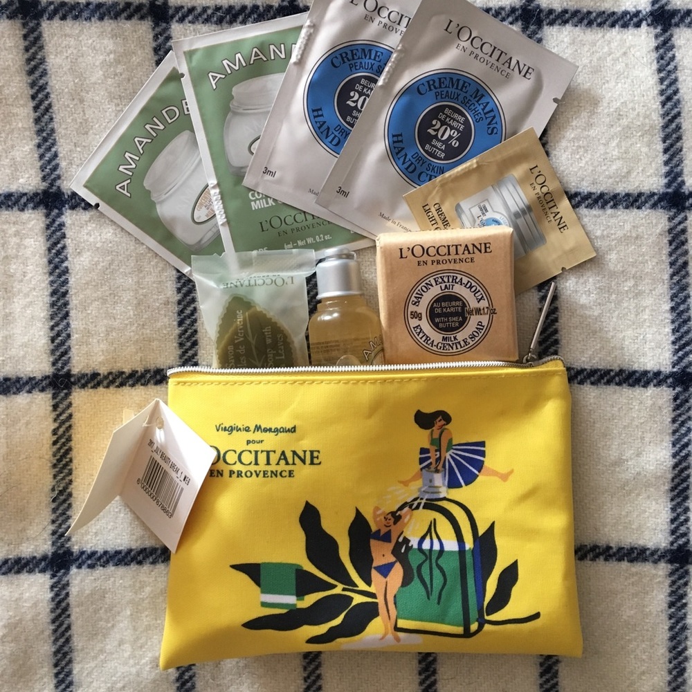 Travel size l’occitane products and pouch