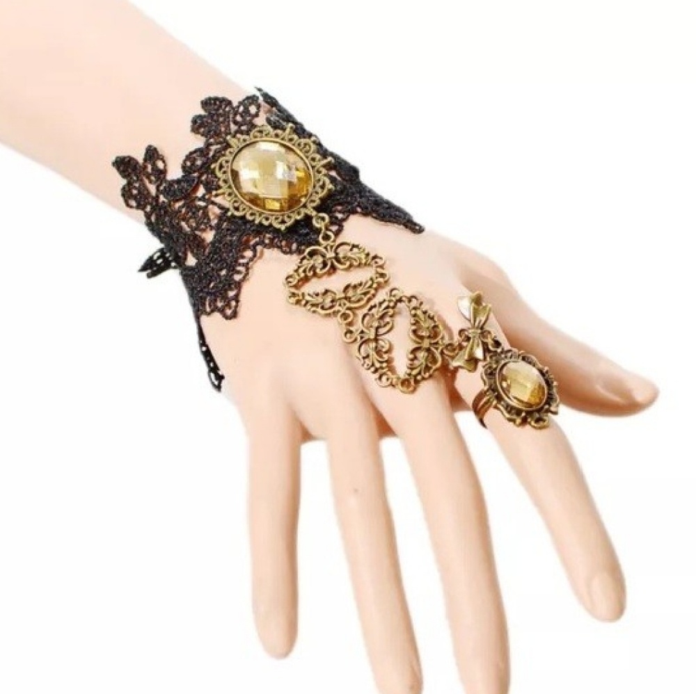 Gold and black gothic bracelet ring combo