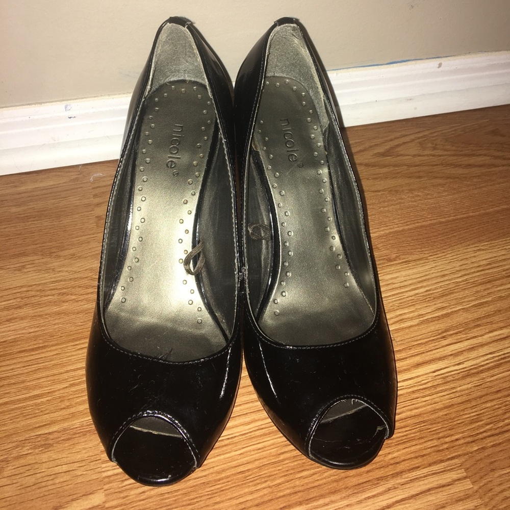 Black Nicole peep toe wedges