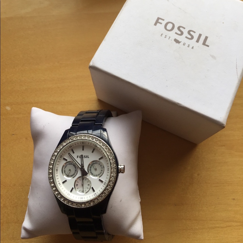 Navy blue fossil watch, crystal embellished face
