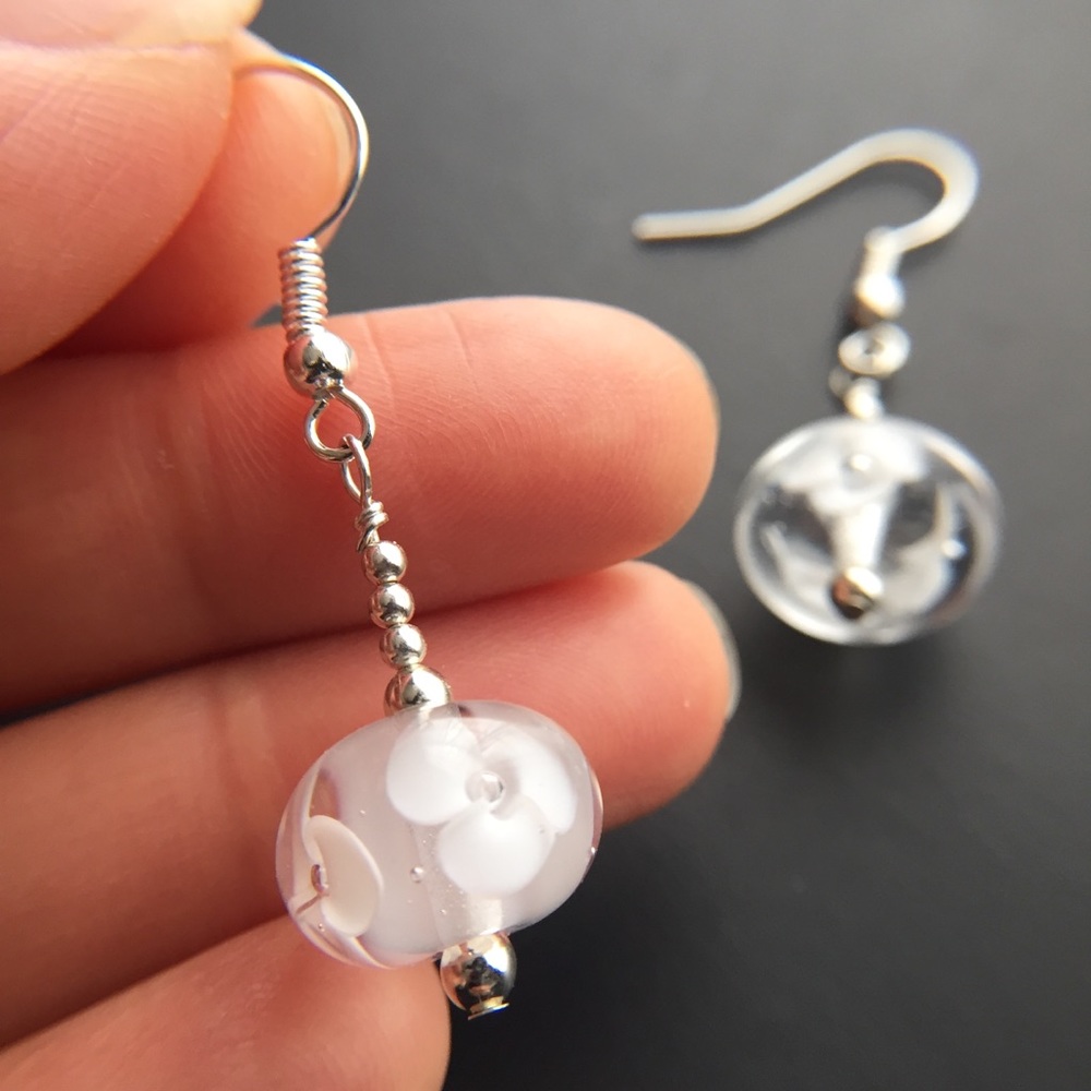 Trapped Blossom Earrings White Flowers in Clear