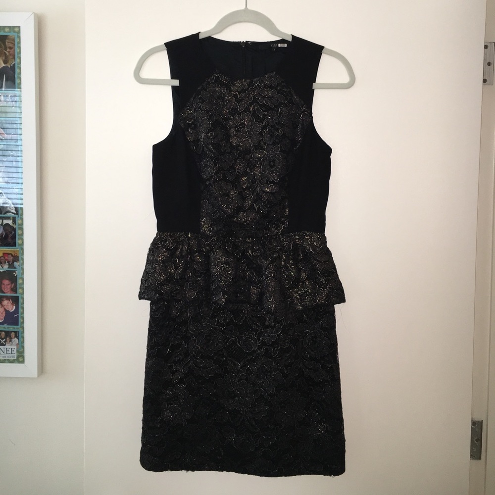 Tibi Black and Gold Peplum Dress