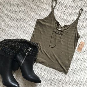 AEO olive green ribbed lace up cami