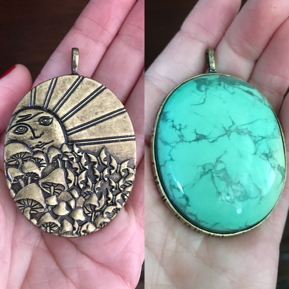 Large Turquoise Stone Pendant Gold Mushroom Sun