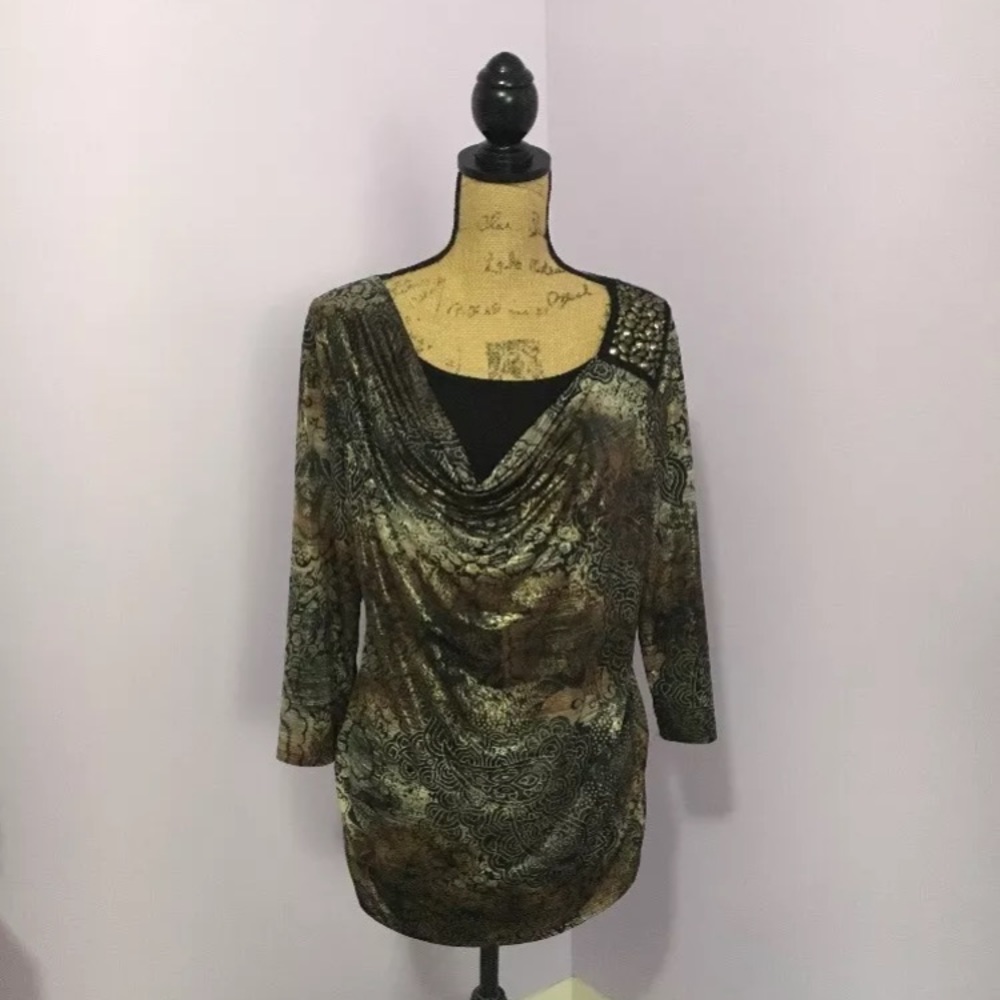 Scoop Neck Top Brown/Black w/Beading Size Large Shimmery