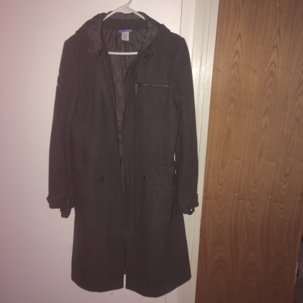 Juniors XL Wool Long Hooded Coat, zippers &buckles