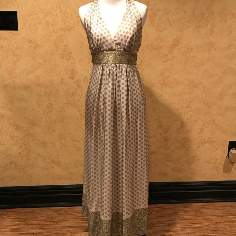 BCBG Maxazria-  SILK Polka dot & Paisley Halter Maxi dress
