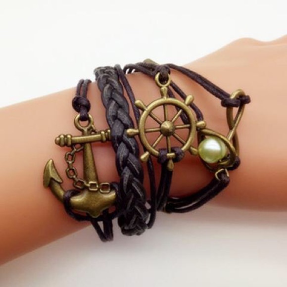 🍂New Brown & Gold Nautical Strap Bracelet w/charm - Picture 1 of 3