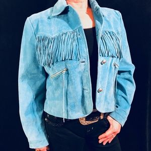 Blue Fringe Western Suede Jacket