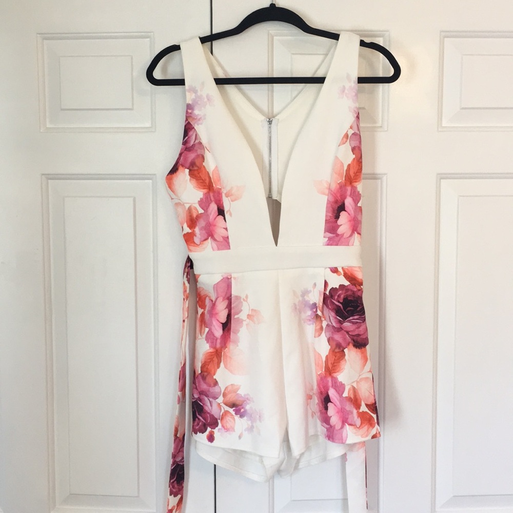 White Floral V-neck Romper