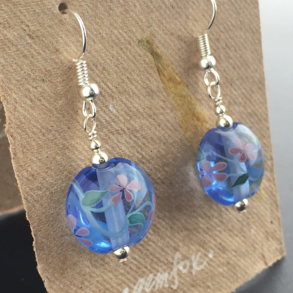 ·HP!· Floating Flower Blown Glass Earrings Blue - Picture 3 of 6