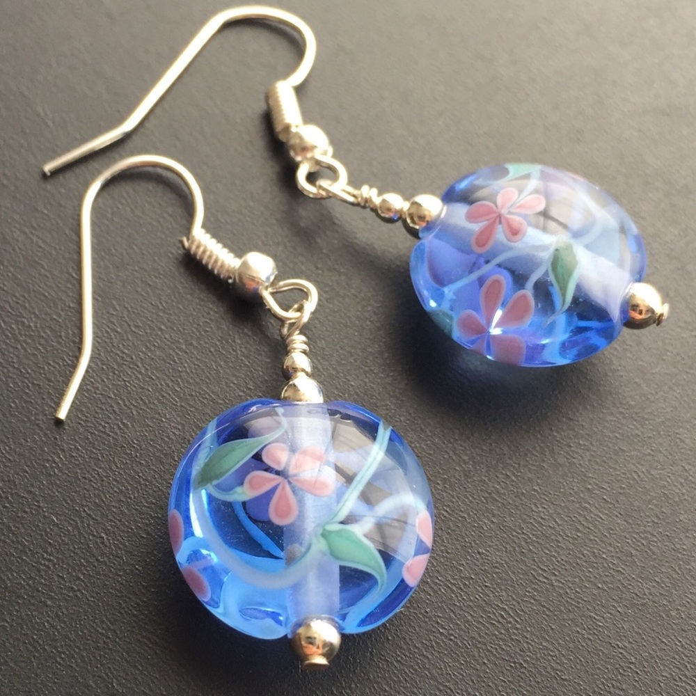 ·HP!· Floating Flower Blown Glass Earrings Blue - Picture 2 of 6