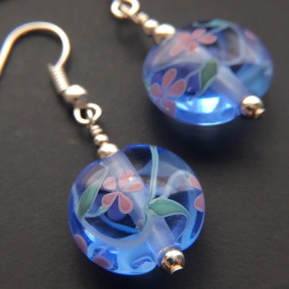·HP!· Floating Flower Blown Glass Earrings Blue - Picture 4 of 6