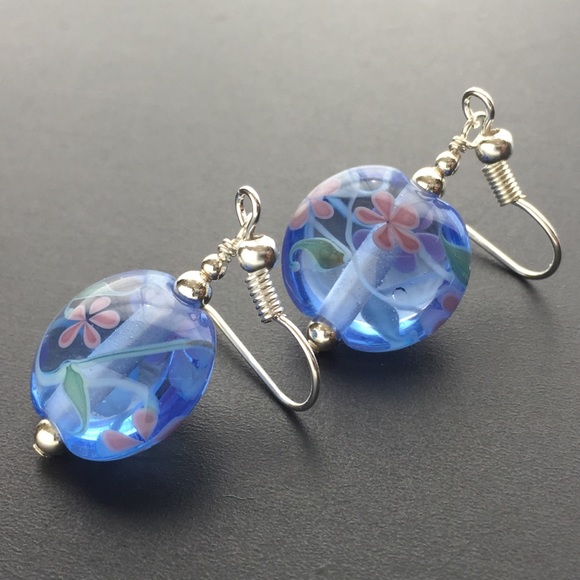 ·HP!· Floating Flower Blown Glass Earrings Blue - Picture 5 of 6