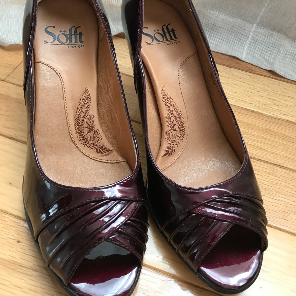 Burgundy patent leather heels by Hush Puppies