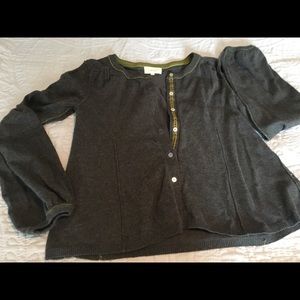 Charcoal swing cardigan with green velvet trim