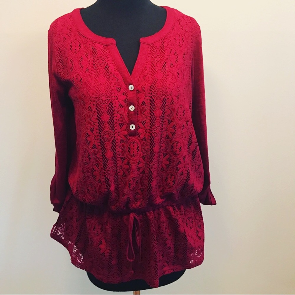 STYLE & CO. burgundy long sleeves lace top Sz S