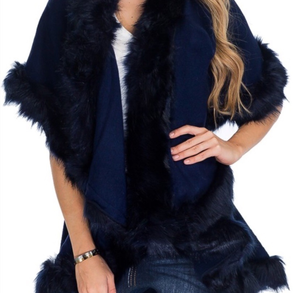 New Version! Fluffy Navy Blue double layer Faux Fur CAPE Coat - Picture 8 of 10