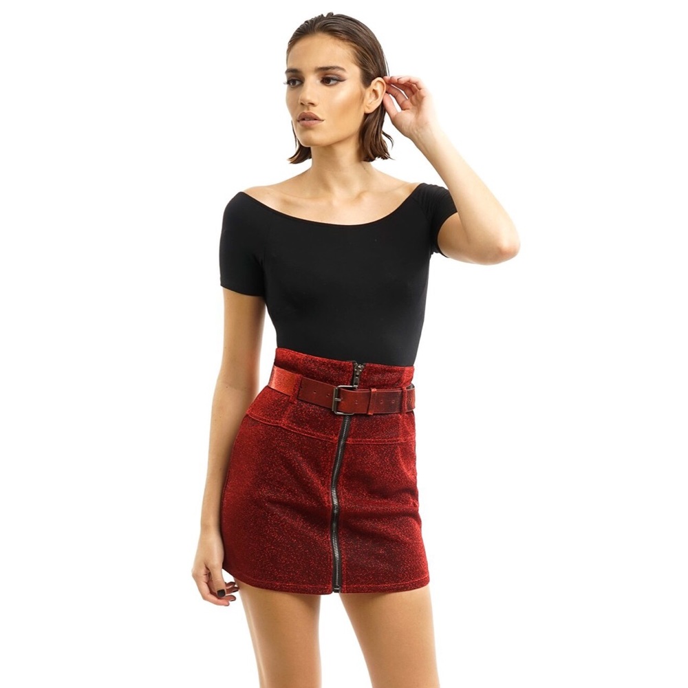 Red Metallic High Waist Belted Mini Skirt