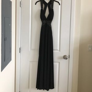 Black Open back gown with metallic beading
