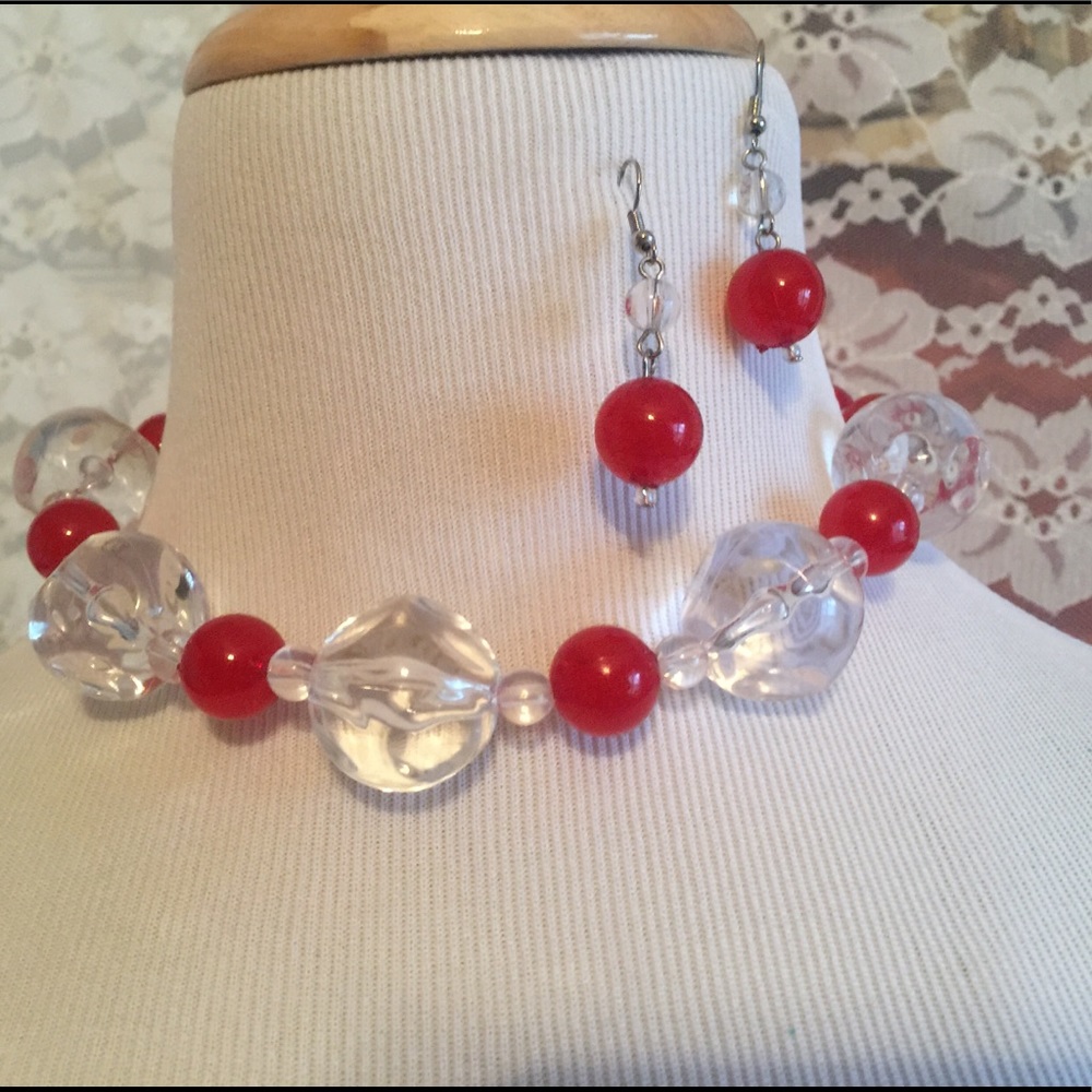Chunky red & clear necklace and earrings. Bundle!