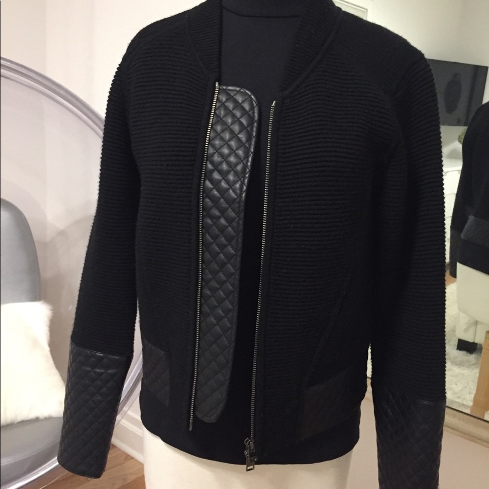 Leather trim zip front wool jacket