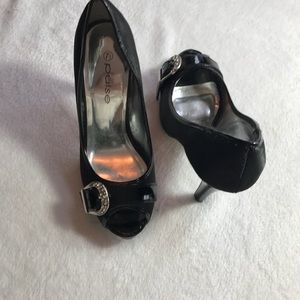 Pulse black satin with rhinestone buckle on toe